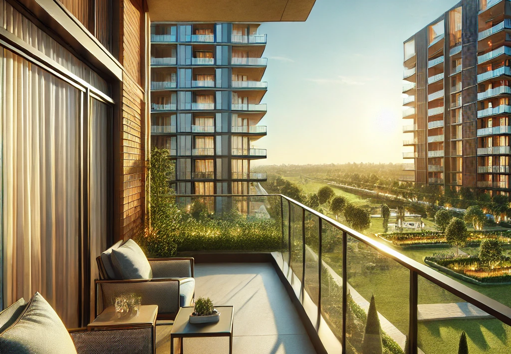 DALL·E 2025-03-18 11.49.28 - A high-quality, ultra-clear daytime view from the balcony of a luxury high-rise apartment. The balcony features a modern design with a premium brick f